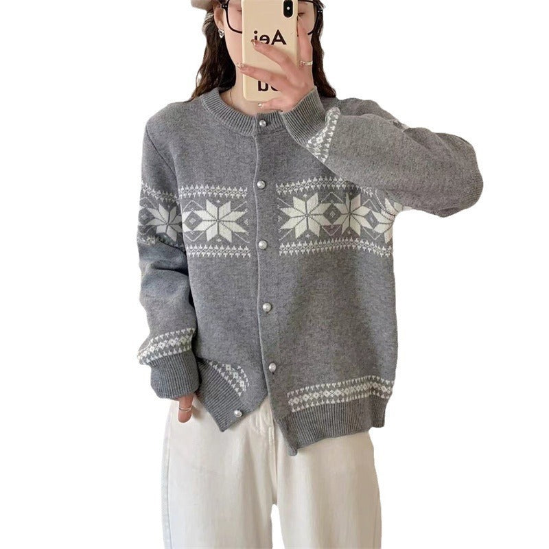 Korean-style Contrasting Color Jacquard Knitted Cardigan