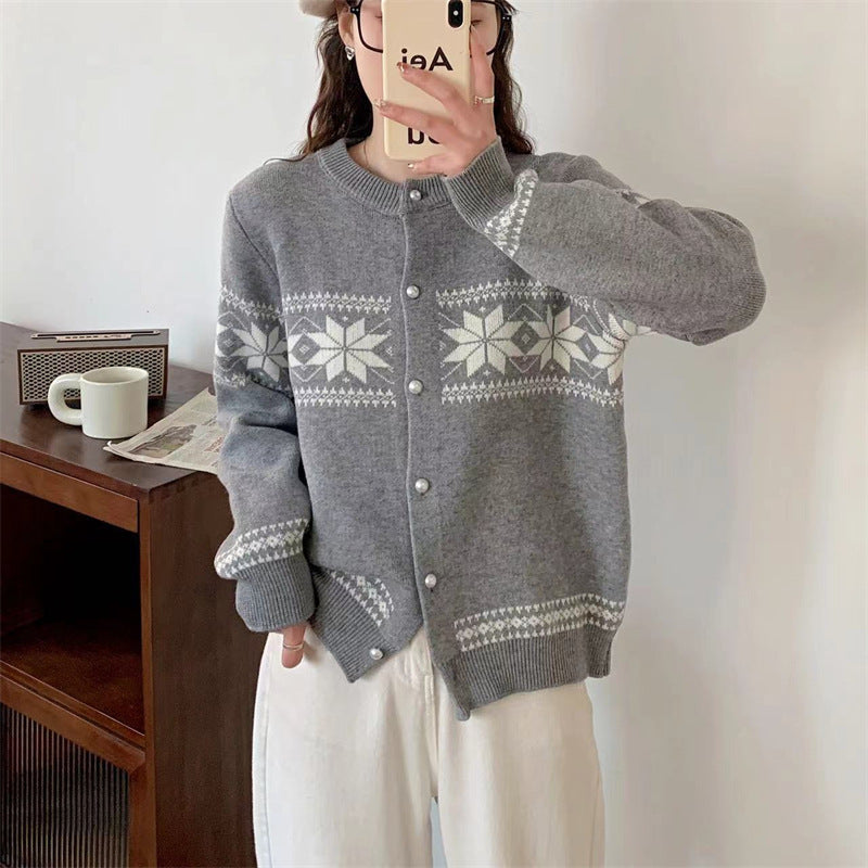 Korean-style Contrasting Color Jacquard Knitted Cardigan