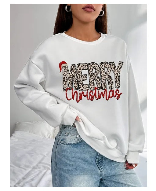 Leopard Merry Printed Round Neck Casual Pullover