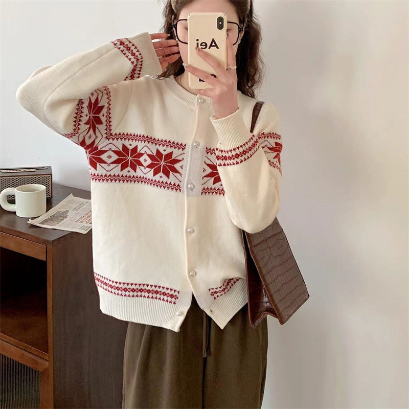Korean-style Contrasting Color Jacquard Knitted Cardigan