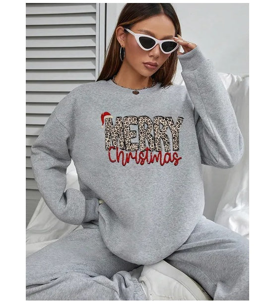 Leopard Merry Printed Round Neck Casual Pullover