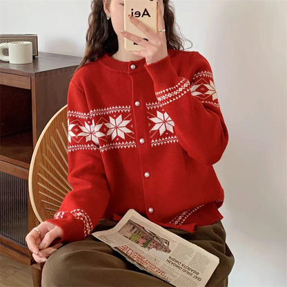 Korean-style Contrasting Color Jacquard Knitted Cardigan